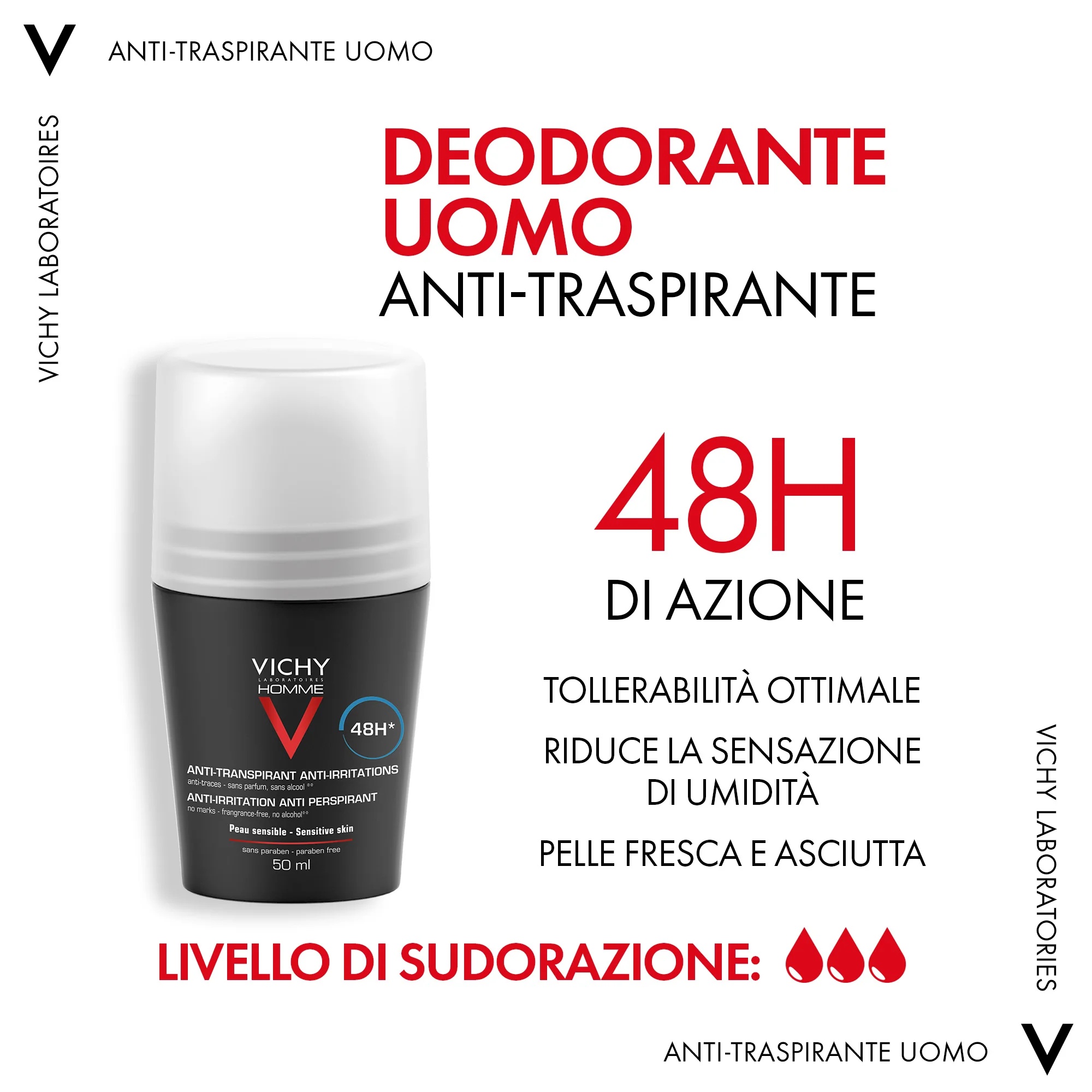 VICHY Desodorante Roll-On Vichy Homme 48h Piel Sensible 50 ml Control Extremo Antitranspirante