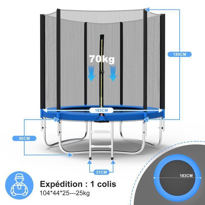 Trampoline Jardin 183 cm Noir et Bleu 6 FT- Sécurité et Performance pour Enfants et Adultes