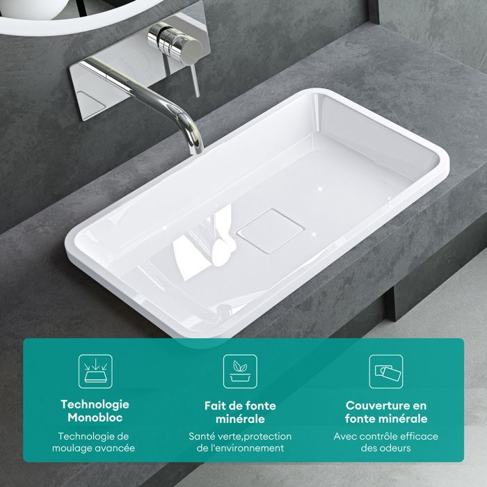 Lavatório retangular de embutir Mai & Mai® branco, 60 cm, com tampa de drenagem, modelo Col104