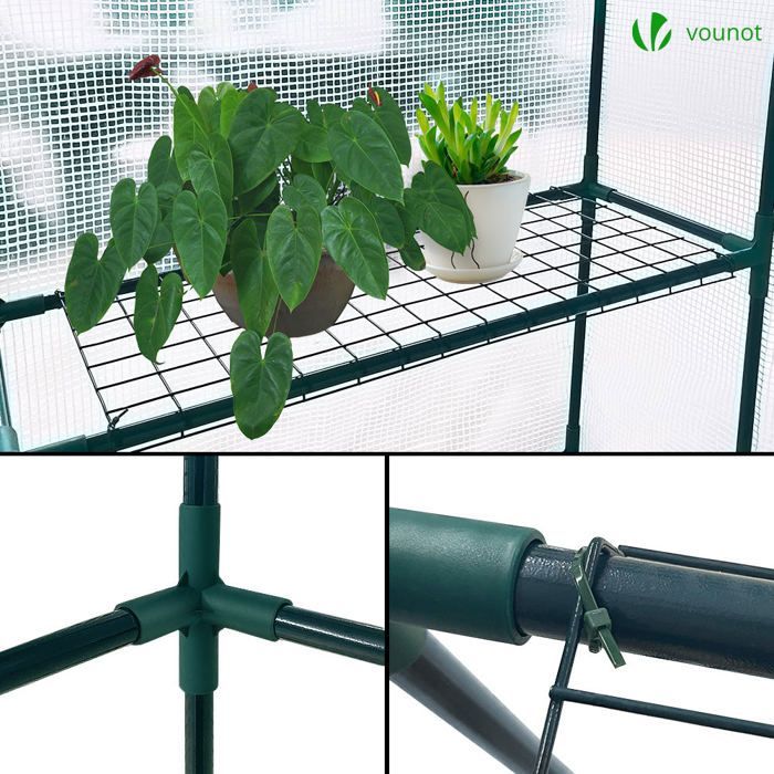 VOUNOT® Serre de jardin avec étagères 143x215x195cm blanc - bâche renforcée 135g/m² - fenêtre moustiquaire - porte enroulable