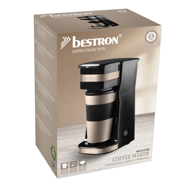 Compact coffee machine with thermal mug, beige