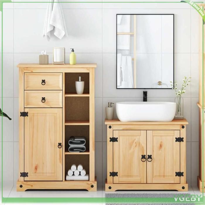 Ensemble de meubles salle de bain 2 pcs - Corona - Pin massif - Finition cire miel - Grand rangement