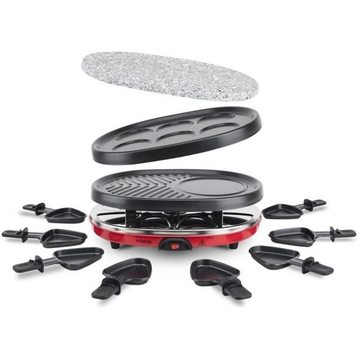 Parrilla para raclette H.KOENIG 4 en 1 - Para 8 personas - 900 W - Rojo/Negro