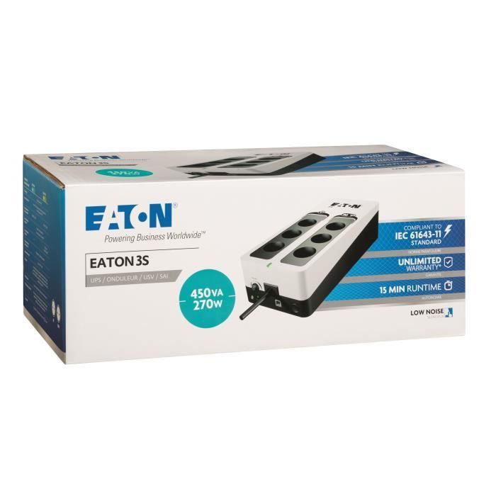 UPS/Régua de Tomadas/Protetor contra Surtos - EATON 3S 450 FR - UPS Offline - 3S450F - 450VA (6 tomadas francesas)