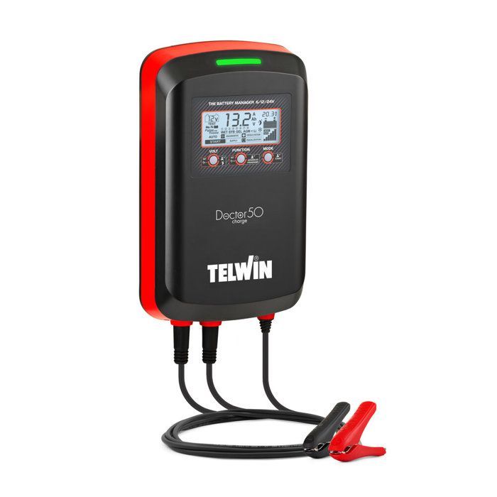 Cargador de baterías Telwin Doctor, carga 50 6/12/24V 50A, capacidad 600Ah, con cable de pinza.