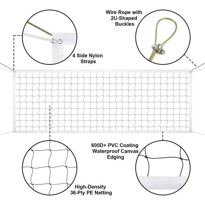 Rede de voleibol esportiva - Rede de reposição - Tamanho padrão (9,5 m x 1 m) - Com fio de aço - Painéis laterais reforçados