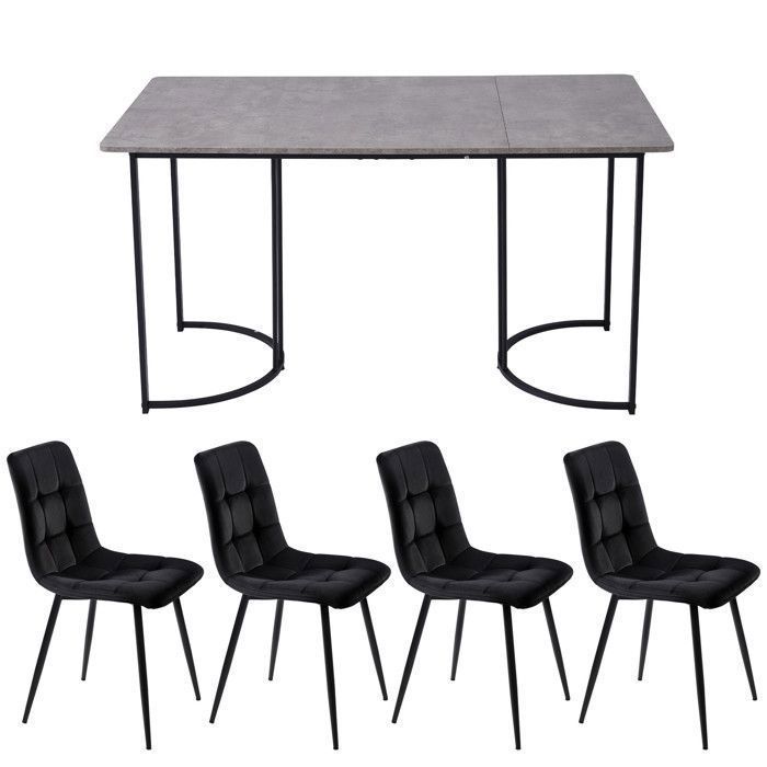 Conjunto de mesa de jantar de 140x80 cm com 4 cadeiras - Conjunto moderno de mesa e cadeiras para cozinha/sala de estar - Cadeiras em veludo preto