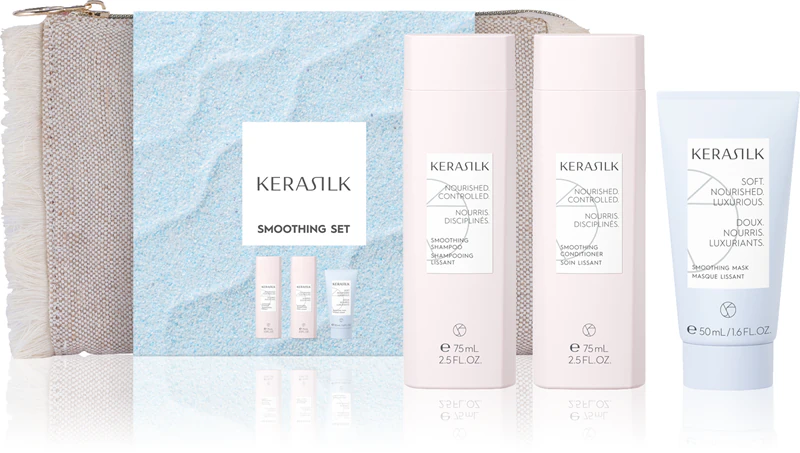 Kit de alisamento KERASILK Essentials para viagem, ideal para alisar os cabelos.