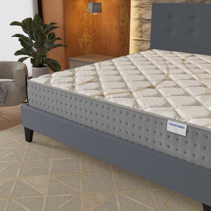 Mattress and bed set (140x190cm) - Essem 25cm Pocket springs & High-density foam + Stable slatted base & Grey upholstered headboard
