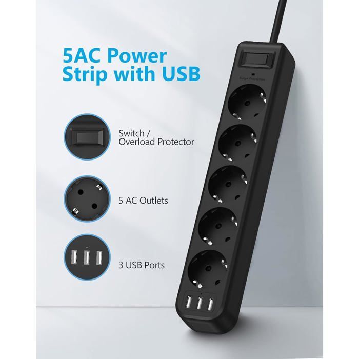 Regleta protectora contra sobretensiones con 5 tomas USB, 3 puertos USB y cargador de viaje (5V 2.4A/12W) - Regleta protectora contra sobretensiones
