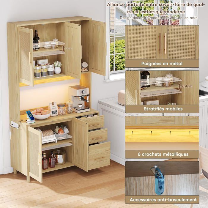LEMONBEST 183cm Wicker Kitchen Buffet, Multicoloured LED Lighting, Electrical & USB Outlets, 5 Doors, 3 Drawers
