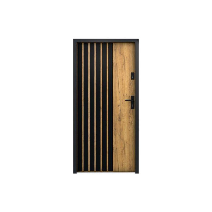Puerta frontal de acero macizo de 207 x 100 cm (alto x ancho) - Efecto roble con rayas negras - 55 mm de espesor - Apertura a la izquierda - COBRITA