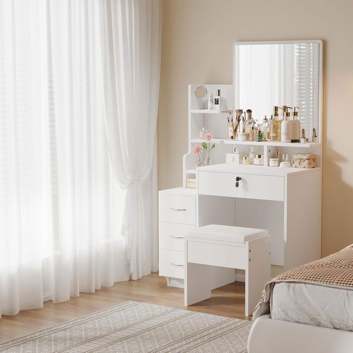 Tavolo da trucco Dripex con specchio e comodo sgabello, tavolo da trucco moderno, 4 cassetti, 4 ripiani, bianco, 87x40x144 cm