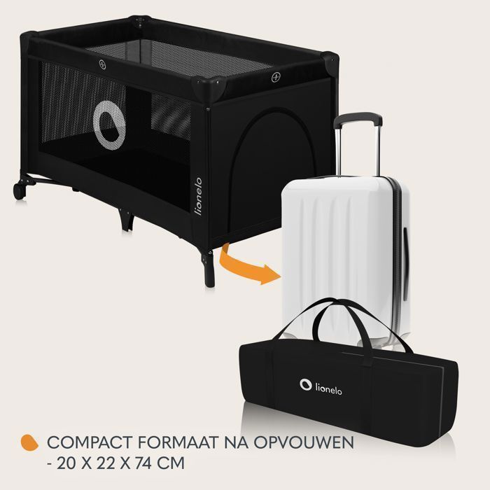Cuna de viaje compacta 2 en 1 LIONELO Stefi - Parque infantil - 0-36 meses - Bolsa de transporte - Plegado rápido - 2 ruedas - Negra