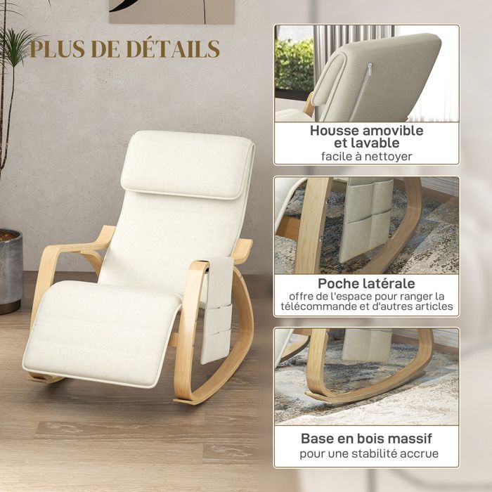 Sillón reclinable mecedor/silla de lactancia con reposapiés ajustable, bolsillo lateral y reposacabezas, color blanco crema.
