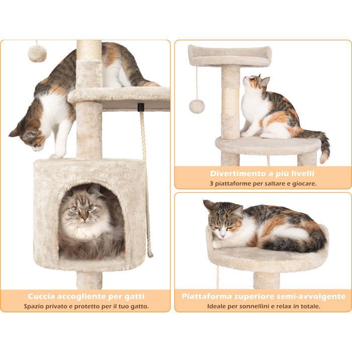 Arbre à Chat,112cmTour de Jeux Stable pour Chat,Arbre à Grimper Multi-Niveaux avec4Poteaux en Sisal,3Plateformes,Nid Douillet