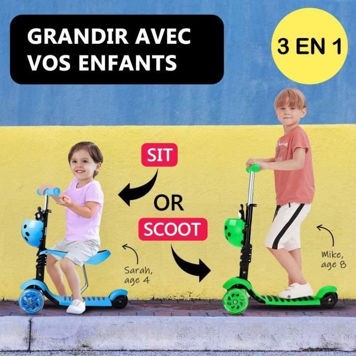 Trottinette à 3 Roues pour Enfant - YOLEO - Siège 5 en 1 - Vert - 60 kg - Loisir - L 57 x P 26 x H 16.5 cm