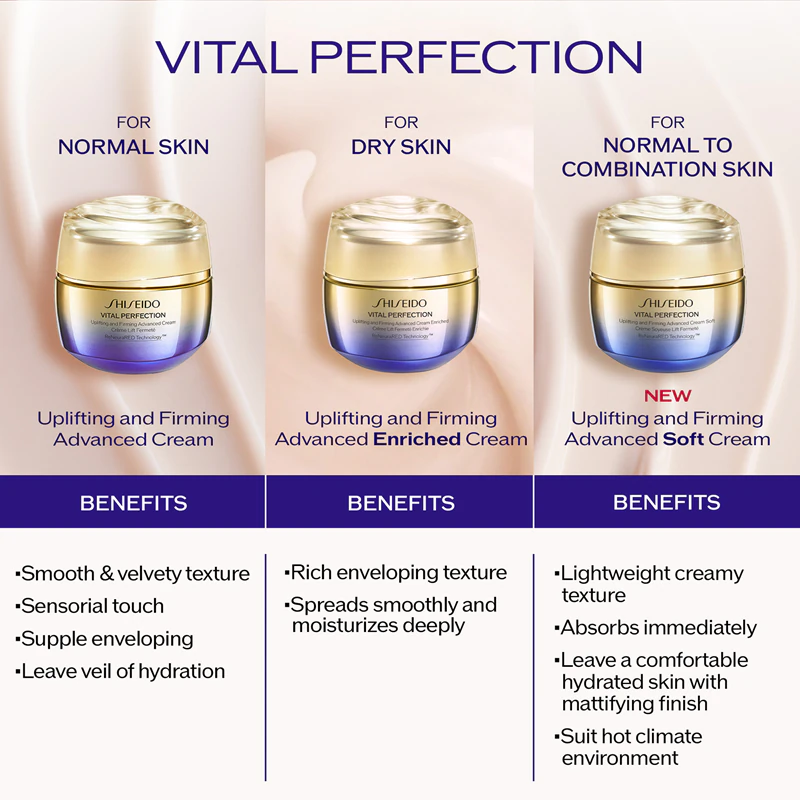 Shiseido Vital Perfection Uplifting and Firming Advanced Cream Soft, um creme firmador leve para uso diurno e noturno.