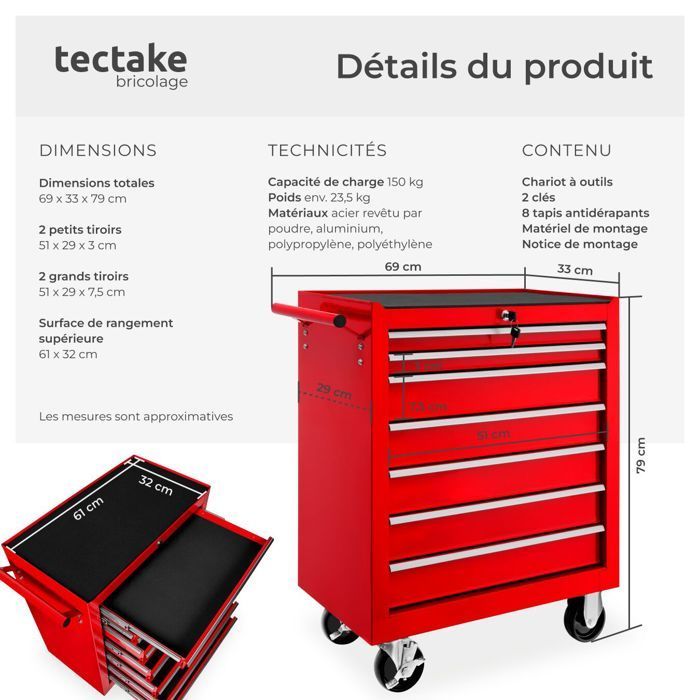 Carrello da officina - TECTAKE - Carrello da officina in acciaio con 7 cassetti, 69 x 33 x 79 cm - Rosso