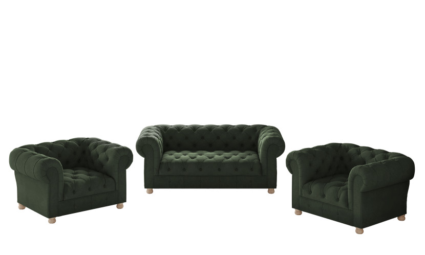 Pikowany komplet wypoczynkowy 2 1 1 CHESTERFIELD tkanina Whisper, Zielony