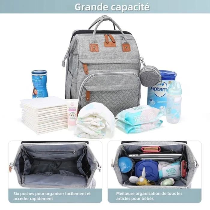 Sac à Dos à Langer avec Matelas à Langer pour Bébé – Grande Capacité Sac à Couches Multifonction Imperméable Sac de Voyage avec