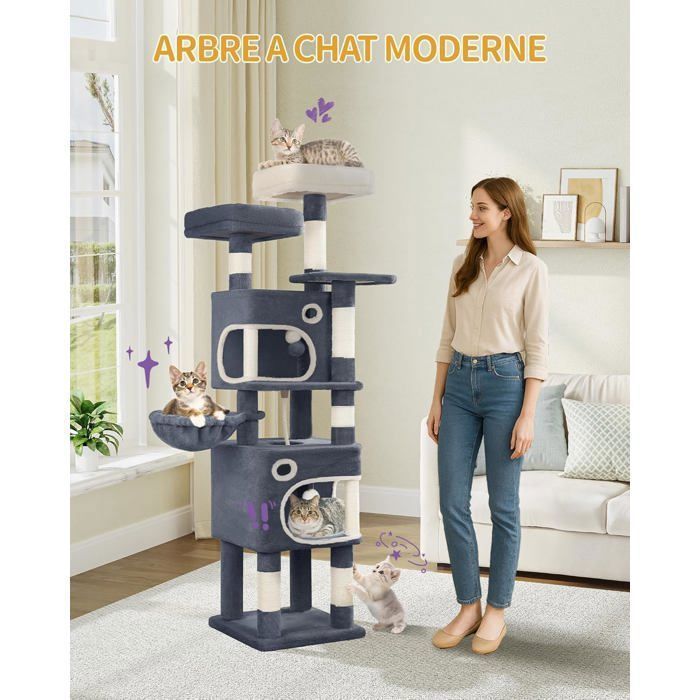Árbol rascador para gatos, 159 cm de altura, torre de juegos con 8 postes rascadores, 3 plataformas, 2 cuevas, cesta y pompones, color gris oscuro.