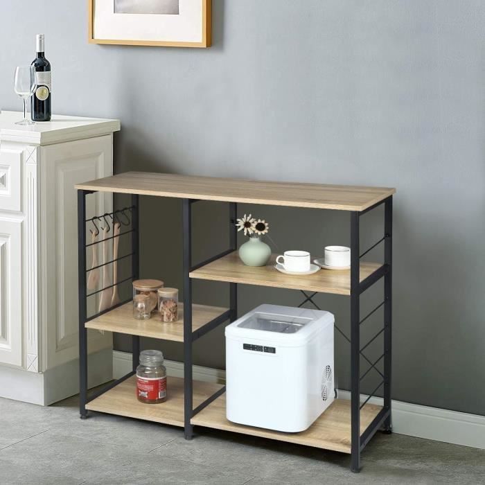 Estantería de cocina WOLTU, soporte para microondas en metal y madera con 5 baldas, 90 x 40 x 83,5 cm, negro + roble claro