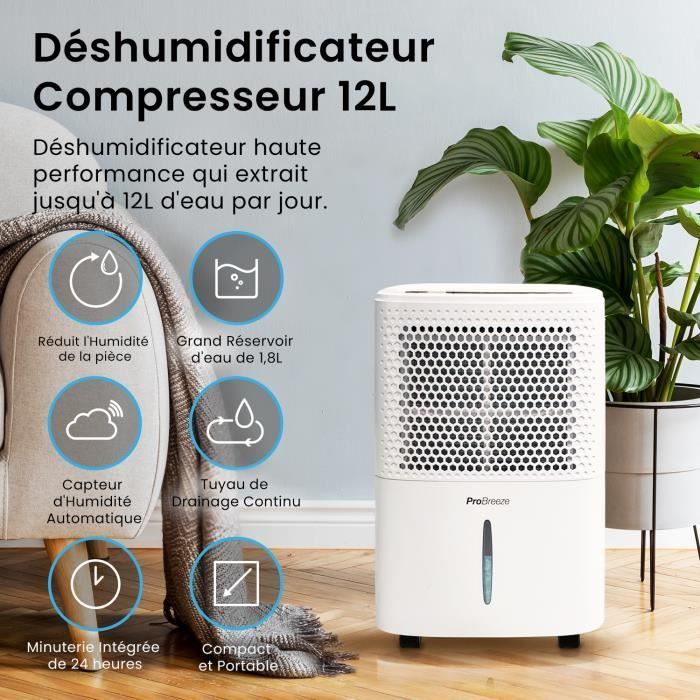 Deshumidificador portátil Pro Breeze de 12 L/día con 3 modos, pantalla digital, drenaje continuo, temporizador y contador.