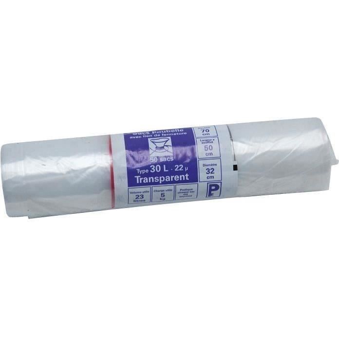 Sac poubelle transparent - 30 L - 22 microns - x50