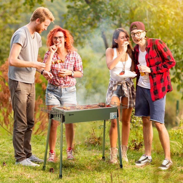 Barbecue a carbone - Outsunny - 2 griglie per barbecue su gambe rimovibili, 2 cestelli - acciaio - 94x39x70 cm - verde scuro