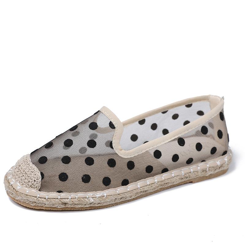 Summer New Ladies Casual Fisherman Shoes Female Tendon Sole Shoes Flat Bottom Straw Woven Hemp Rope Mesh Dot Baotou Half Drag