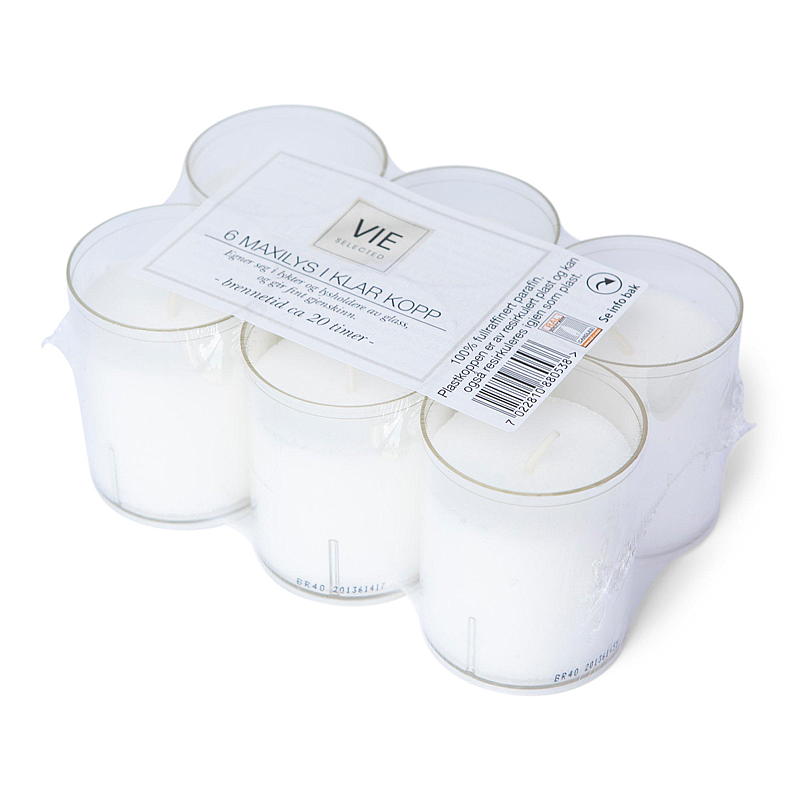 Vie Selected värmeljus 6-pack Maxi, klar kopp, vit