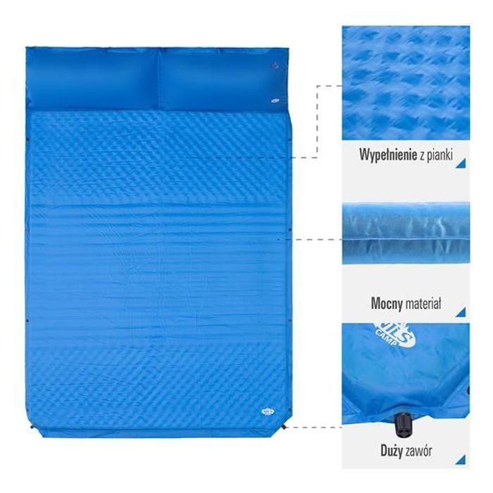 Selbstaufblasende Doppelmatratze mit Kissen – NILS CAMP – NC4060 – Blau – Für zwei Personen – Polyester – PU-Schaum