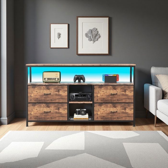 Aparador bajo de 4 cajones y 3 estantes con iluminación LED, ideal para sala de estar o como mueble para TV. Estructura metálica. Unidad de almacenamiento. Color marrón.