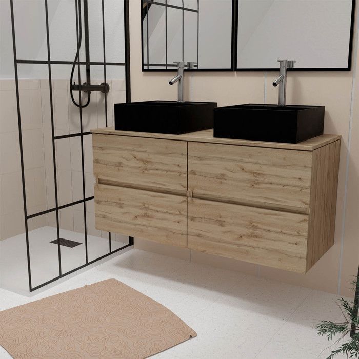 Bathroom vanity unit 120cm with 4 drawers in natural oak - 2 square basins 41x41x15cm black