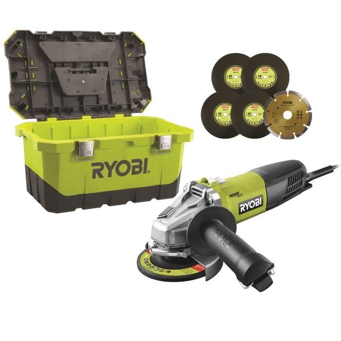 RYOBI - Meuleuse d'angle 800 W 125mm -  protection anti-redémarrage + coffre, 5 disques à ébarber & 1 disque diamant - RAG800-125TA6