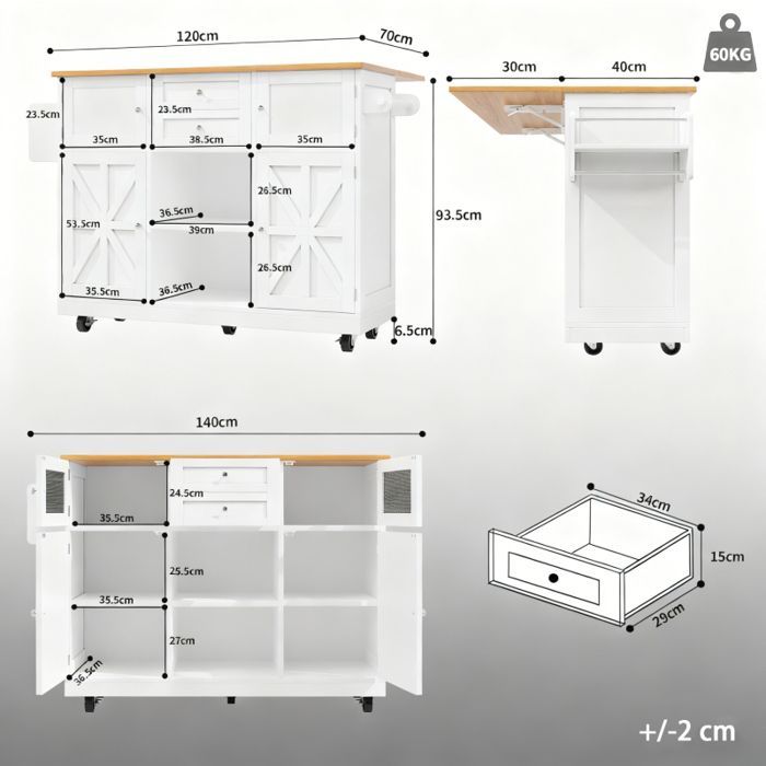 Îlot de cuisine - GENERIQUE - 140x70x93.5 cm - Plateau extensible - Roues 360° (2 freins) - Rangements intégrés