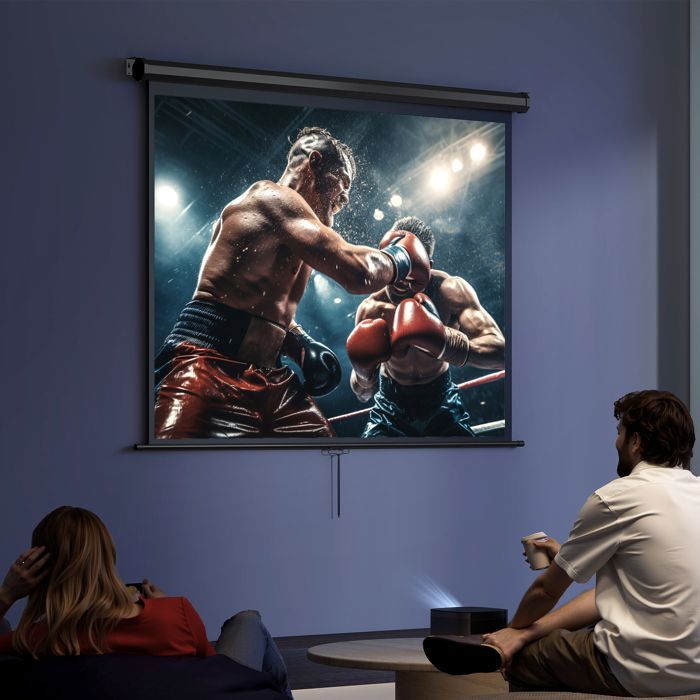 Pantalla de proyección HOMCOM de 84 pulgadas, formato 4:3, resolución 4K HD, para cine en casa, montaje en pared o techo, dimensiones: 181 cm (ancho) x 8 cm (profundidad) x 138 cm (alto), color negro.