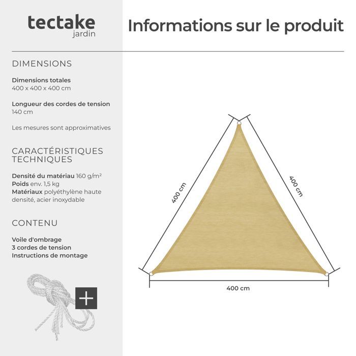 Toile d'ombrage TECTAKE - Voile d'ombrage triangulaire en polyéthylène 4 x 4 x 4 m - Beige