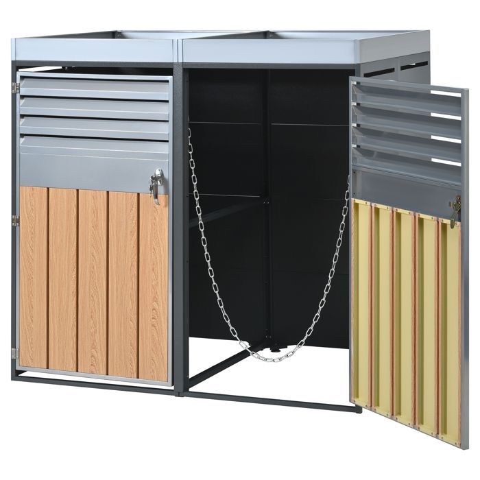 HOMVRA Abri pour Poubelle, Cache-Poubelles 2 Compartiments avec Jardinière Intégrée et Portes Ventilées, Acier, Gris