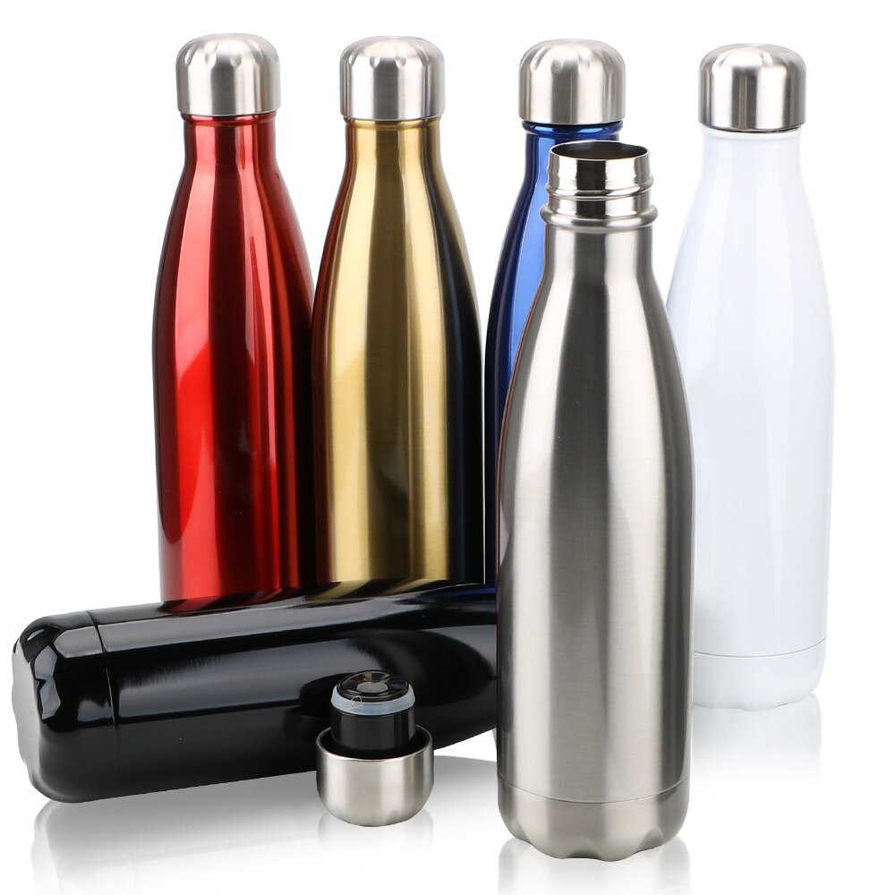Botella de agua de acero inoxidable, termo sin BPA para cola, agua y cerveza, 500 ml, para deportes, con doble pared aislada al vacío.