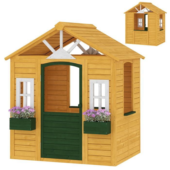 Houten buitenspeelhuisje voor kinderen, met deur, ramen en 2 bloembakken, 134,5 x 97 x 150 cm, bruin