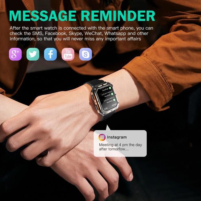 Montre intelligente militaire pour hommes avec appel, tracker d'activité, IP68 (noir)