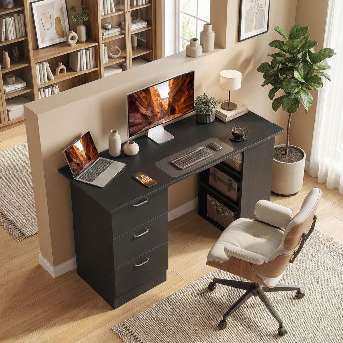 Escritorio para ordenador - HOMCOM - 3 cajones, 3 estantes, escritorio/estudio reversible con almacenamiento - Tablero de partículas - Negro
