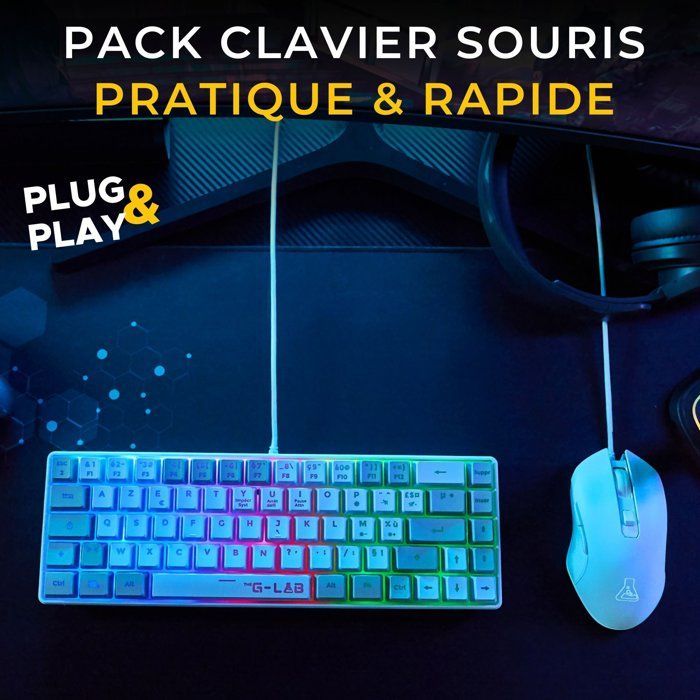 Pacote 2 em 1 - THE G-LAB - Combo Hydrogen - Teclado AZERTY - Mouse com fio - Branco/Cinza