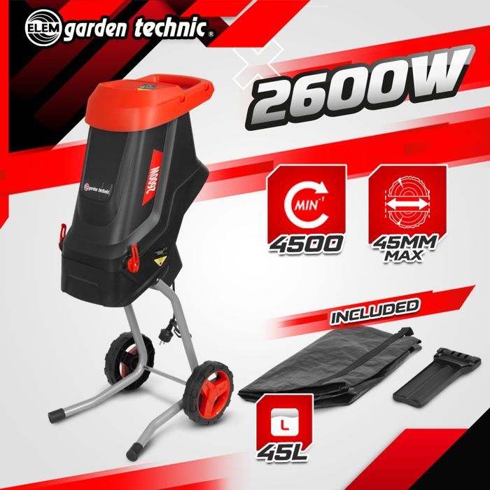 Broyeur de végétaux - ELEM GARDEN TECHNIC - 2600W - Sac récupérateur 45L - Diamètre de coupe 45mm - Électrique