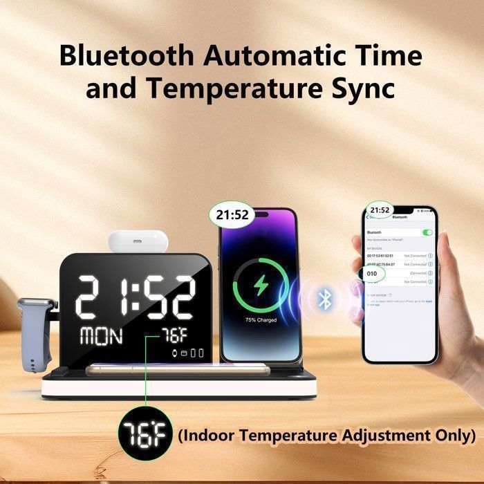 Cargador inalámbrico 7 en 1: estación de carga, reloj, luz nocturna, cargador inalámbrico para iPhone, AirPods, Apple Watch, Samsung y Android.