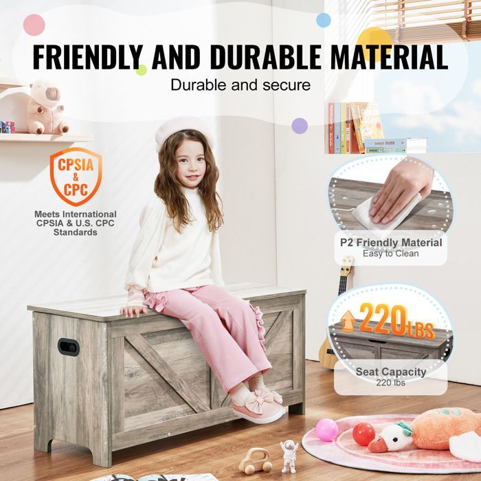 Baúl de juguetes de madera - VEVOR - 990 x 395 x 480 mm - Banco de almacenamiento infantil grande - para sala de juegos, dormitorio - Gris
