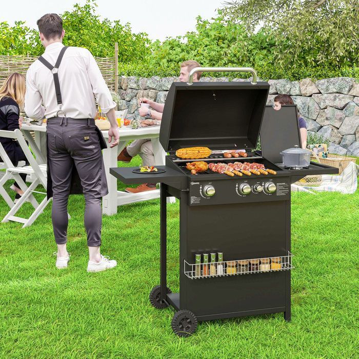 Gas barbecue - Outsunny - 3+1 burners - 9.5 kW power - with 2 cooking grates, side shelves, 2 wheels - steel - black