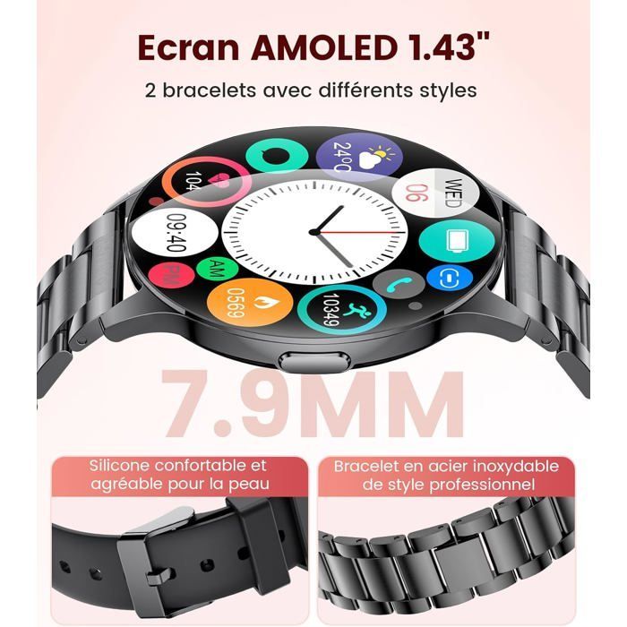 Smartwatch feminino com chamadas Bluetooth, tela AMOLED de 1,43